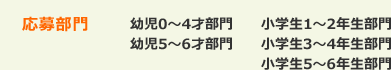 応募部門 幼児0～4才部門 幼児5～6才部門 小学生1～2年生部門  小学生3～4年生部門 小学生5～6年生部門