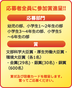 応募者全員に参加賞進呈!! 応募部門 幼児の部、小学生1〜2年生の部、小学生3〜4年生の部、小学生5〜6年生の部 賞状及び図書カードを贈呈します。奮ってご応募ください。