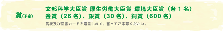 賞（予定）文部科学大臣賞 厚生労働大臣賞 環境大臣賞（各1名）金賞（26名）銀賞（30名）銅賞（600名） 賞状及び図書カードを贈呈します。奮ってご応募ください。